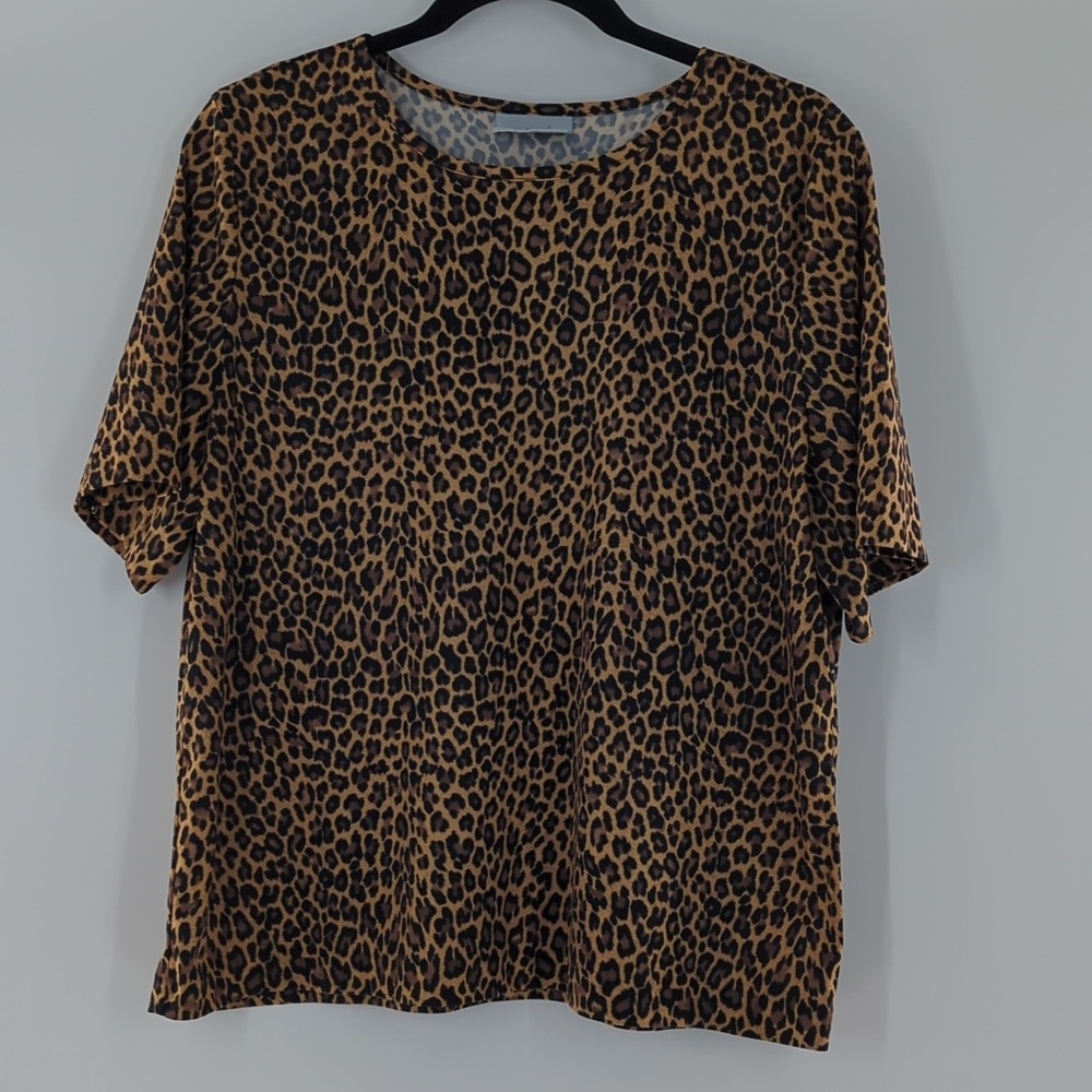 Blair Boxy Short Sleeve T-Shirt Leopard Print Women's Large Brown Tan Maximalist
